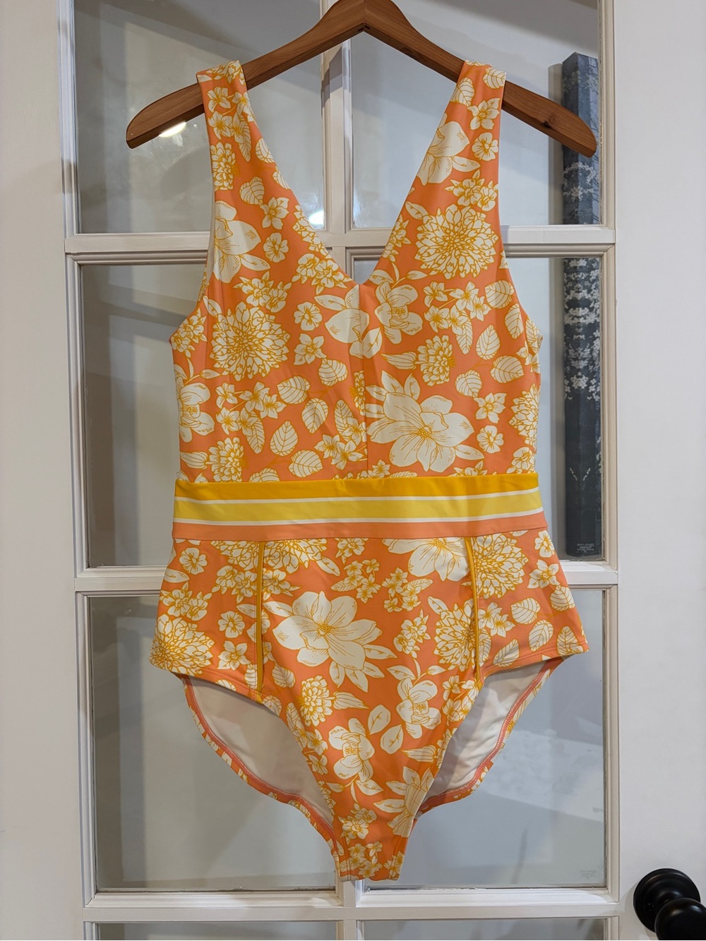 Matilda Jane Dream Chasers Floral One Piece Swimsuit Orange Yellow Striped Trim